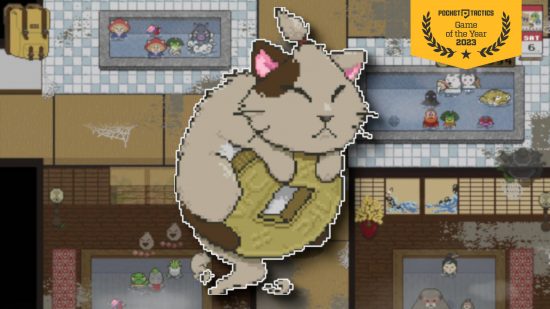 Switch games of the year - Wonyan the cat sitting on a coin against a blurred background of a bath house