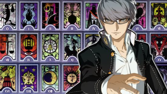 Cosmic Wheel Sisterhood tarot in games: Yu Narukami from Persona 4 outlined in white and pasted on a collection of social link arcana from P4G