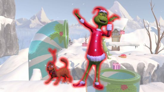The Grinch and Max in their Christmas outfits in front of a gameplay screenshot