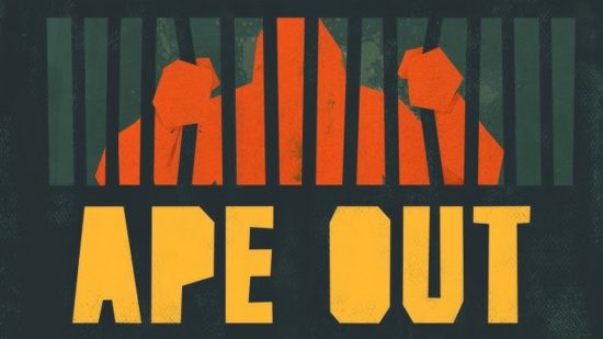Top down games: The Ape Out logo featuring art of a red silhouette of an ape behind bars
