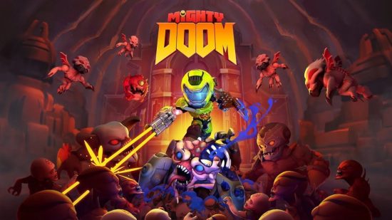 Top down games: Key art of Mighty Doom showing Doom Guy in chibi form fighting off hordes of demons