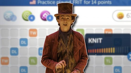Words With Friends 2 Wonka: Timothee Chalamet's Wonka outlined in white and pasted on a blurred Words With Friends 2 screenshot