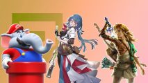 Custom image for Pocket Tactics year in review 2023 article with Natasha from Honkai Star Rail, Link from Zelda: Tears of the Kingdom, and Elephant Mario from Mario Wonder