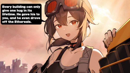 Zenless Zone Zero preview - Grace smiling and saying 'Every building can only give one hug in its lifetime. He gave his to you, and he even drove off the ethereals'