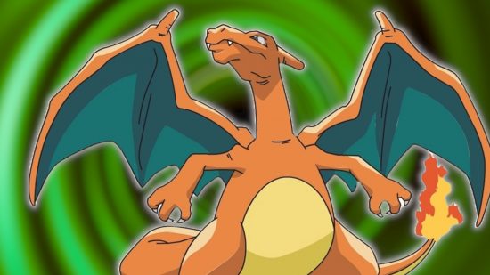 Charizard in front of swirling green background
