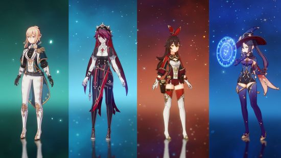 Alternate Genshin Impact skins: Jean, Rosaria, Amber, and Mona wearing alternate skins