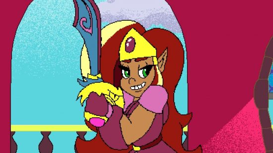 Arzette switch release: a woman with dark red hair and a golden crown standing in a pink room
