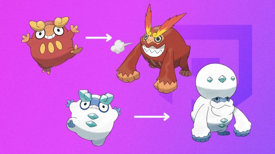 Pictures showing the Darumaka evolutions into Darmanitan on a purple background