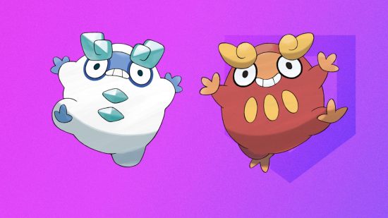 Two forms of Darumaka evolution in white and red on a purple background
