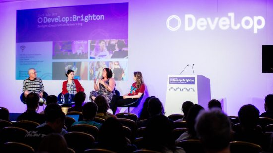Develop Brighton submissions: a panel at Develop 2023 showing people speaking on stage