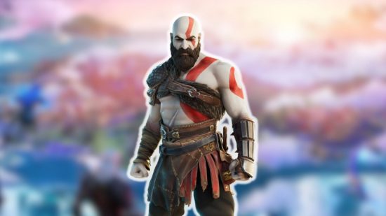 Fortnite leaks - Kratos over a blurred Fortnite backdrop