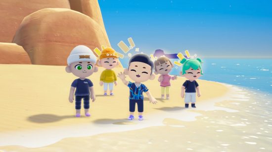 Galactic Getaway kickstarter: a look at five characters standing on a beach, waving to the camera