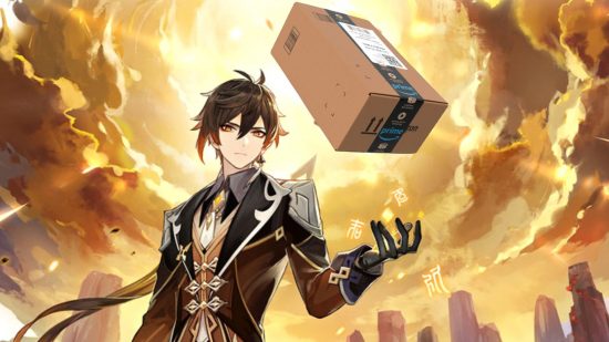 Genshin Impact Amazon store - Zhongli's artwork showing him holding an amazon package