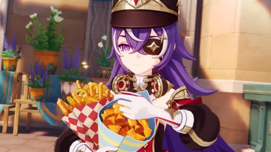 Genshin Impact Chevreuse tucking into some fries and other food