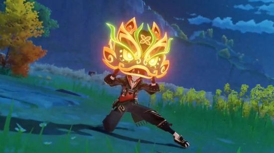 Genshin Impact's Gaming portant un casque néon en forme de chien lion