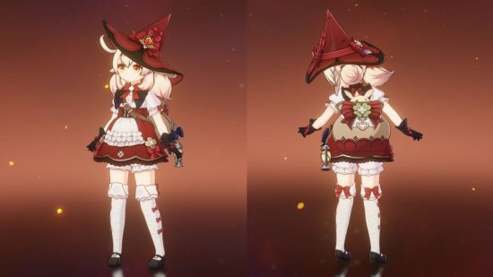 Genshin Impact skin - Klee on a red background wearing a fancy dress and a witch hat