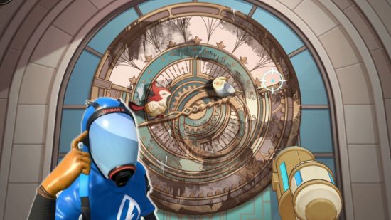 Genshin powerwash: a screenshot of a dirty clock in Fontaine with the powerwash simulator character over the top