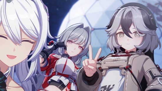 artwork for Honkai Impact 7.2 showing three characters posing for a photo