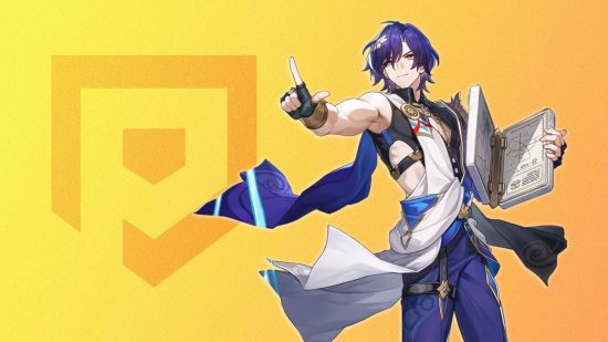 Honkai Star Rail Dr Ratio on a yellow background, holding his hand up in an L shape