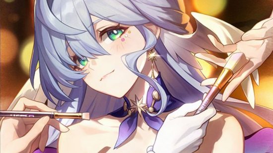 Honkai Star Rail Robin's official artwork showing her with light grey hair and green eyes