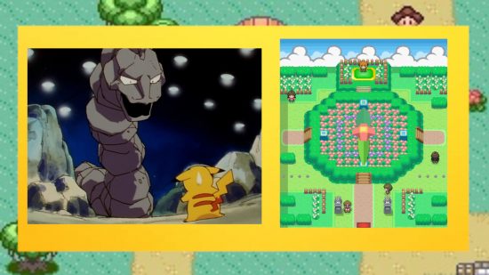 Pokémon Lego - an Onix and a Pikachu in a fight next to the inside of a flowery Pokémon gym