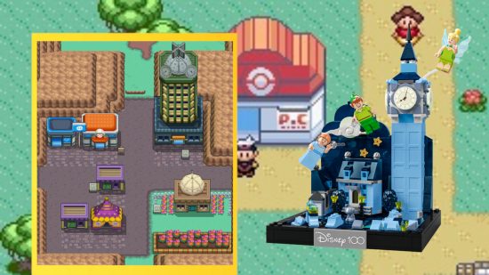 Pokémon Lego - an image of a pixelated town next to a Disney Lego diorama