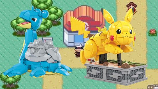 A Lapras and Pikachu Pokémon Lego set against a pixelated background