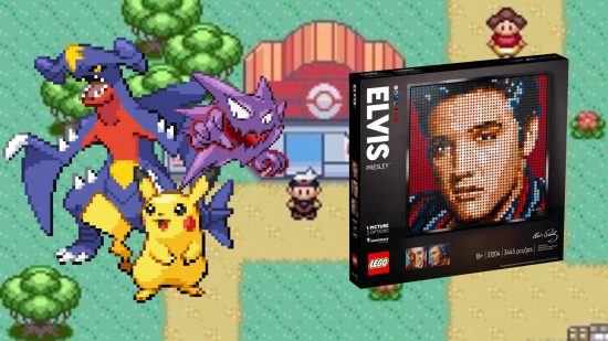 Pokémon Lego - a Garchomp, Haunter, and Pikachu next to some Elvis Lego
