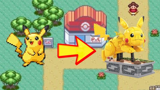 A Pikachu and some Pokémon Lego against a pixelated background