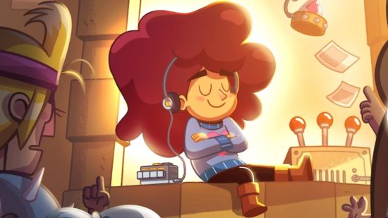 Lil' Guardsman - a girl with big hair lounging on a counter with headphones on
