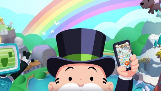 Monopoly Go Equity Extravaganza: key art showing the Monopoly man holding up a smartphone
