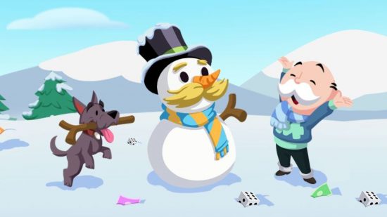 Monopoly Go Ski Stars: the monopoly man and a dog looking at a snow man