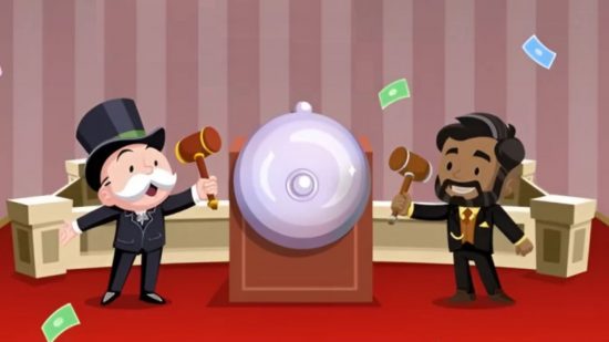 Monopoly Go Wall Street Wonders artwork showing two men hitting a bell with hammers