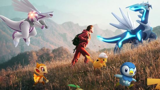 Pokémon Go Road to Sinnoh event: a trainer surrounded by Pokémon in a grassy field