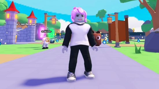 Shoot Beam Simulator codes - a character with pink hair standing on a road