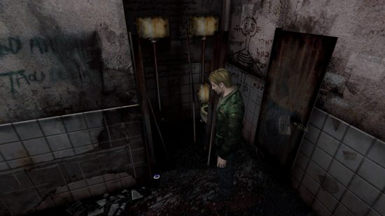 Silent Hill 2 Switch - a man stands in a dilapidated building with writing on the walls