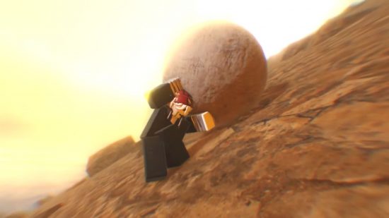 Sisyphus Simulator codes: a character pushing a boulder up a hill