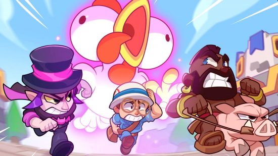 Artwork showing three Squad Busters characters running away from a giant chicken