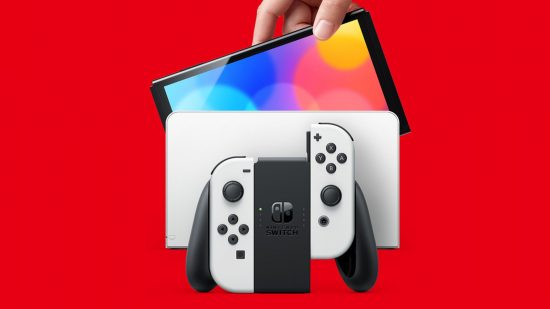 Switch 2 LCD screen rumors: an OLED Switch in white with a hand lifting the screen