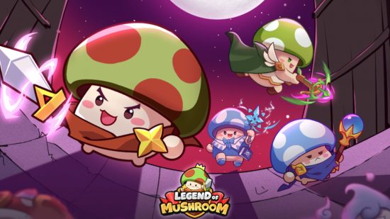 Artwork from one of the most addictive games, Legend of Mushroom, showing a group of Mushrooms engaging in battle