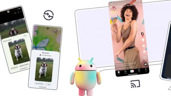 Official image for Android Quick Share function with the Android logo in pastel colors standing between examples of the app in use and Chromecast TikTok on a TV