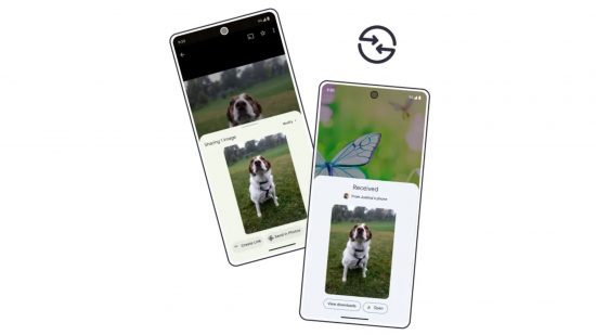 Press images for Android Quick Share with the new icon and an example of sending an image of a dog using the function