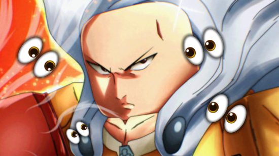 Anime Punch Simulator visits - a bunch of eye emojis aurroudning a hero throwing a punch