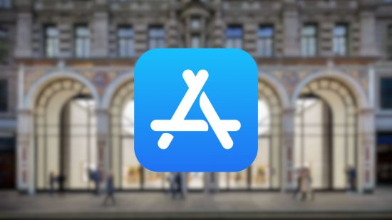 App store logo over a real life Apple store for Apple EU App Store news on the change to sideloading and external apps