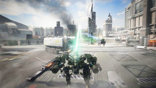 Armor Attack release date: A mech firing a green beam ahead