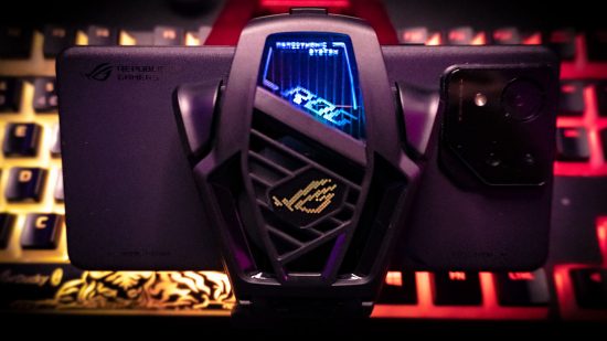 Custom image of the ASUS ROG Phone 8 Pro Edition cooler on the back of the device for a review of the phone
