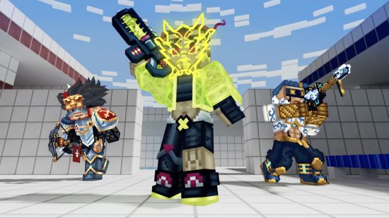 Battle-Royale-Spiele – drei pixelige Charaktere in einer Arena mit großen Waffen
