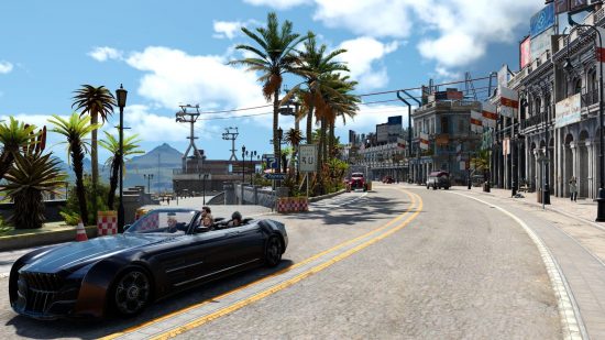 best Steam Deck games - Final Fantasy XV: a black car with the top down driving through a sunny town