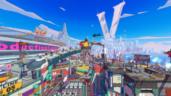 best Steam Deck games - Hi Fi Rush: Chai in the air looking out at a vibrant city 