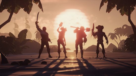 best Steam Deck games - Sea of Thieves: Four pirates standing on a beach holding up weapons